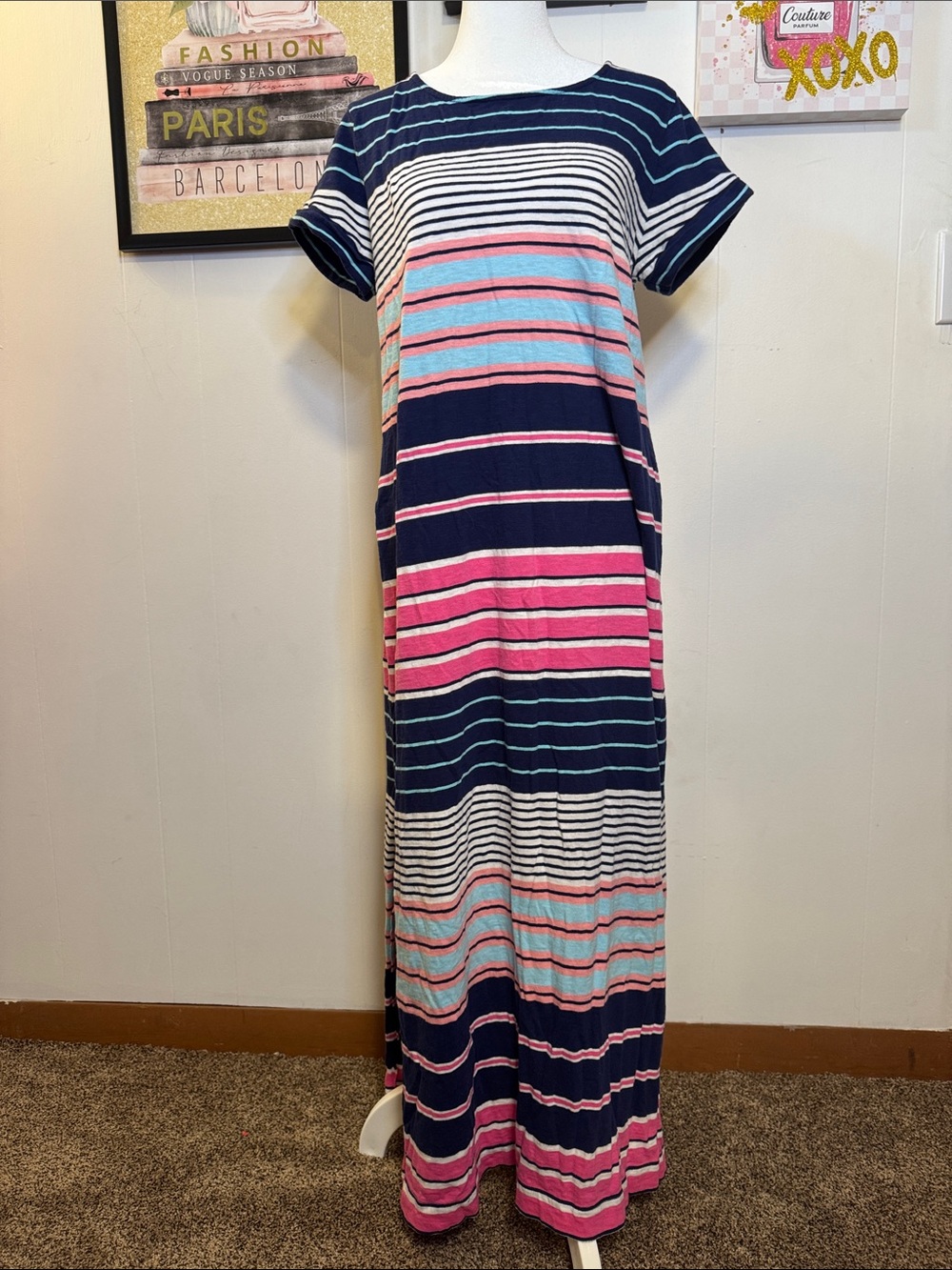 C&C California Navy, Pink & Light Blue Striped Maxi Dress